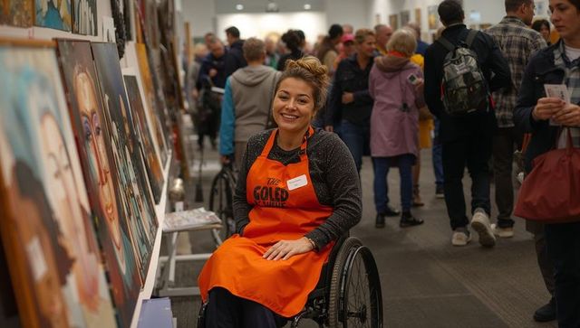 Smiling wheelchair exhibitor welcoming visitors at busy art fair aisle wearing orange apron