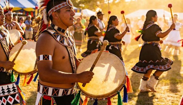 Native american drummers performing traditional drum dance at outdoor cultural festival