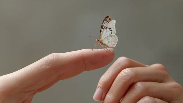 Pale green butterfly perching on fingertip with delicate translucent wings, macro close-up