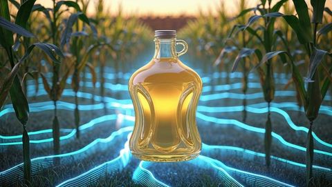 Futuristic cornfield with floating jug of golden corn syrup