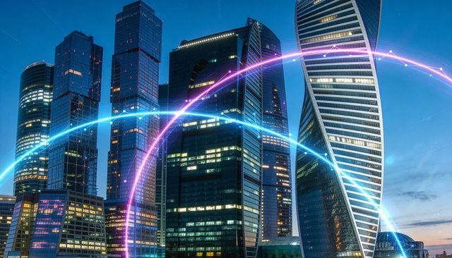 Neon network arcs crossing glass office towers around twisting skyscraper at twilight
