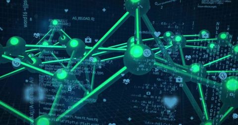 Futuristic digital network with green spherical nodes