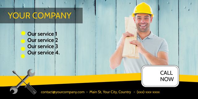 Smiling Construction Worker Holding Lumber Promotes Building Services - Download Free Stock Templates Pikwizard.com