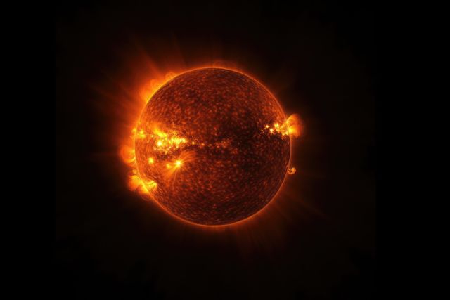 Vibrant image of the sun showcasing stunning solar flares and prominences against a dark background. This is perfect for educational materials, science publications, space-related projects, and astronomy enthusiasts”.