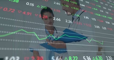 Doctors Analyzing Data with Chart Overlay in Hospital Environment