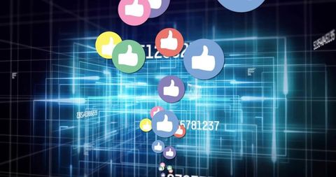 Neon likes stream visualizing social media engagement on futuristic digital grid interface