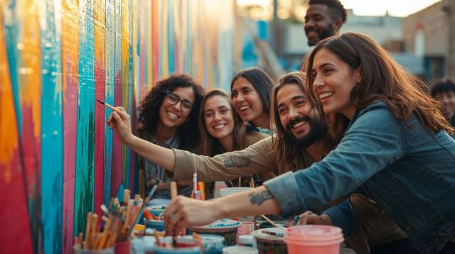 Young adults collaborating on vibrant mural painting in urban alley during golden hour
