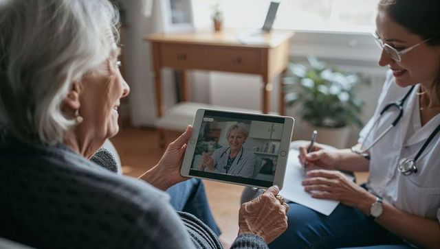 Senior woman holding tablet for telemedicine consultation with clinician at home