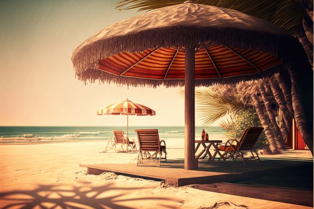 Perfect for travel and tourism websites, vacation brochures, and lifestyle magazines. Highlighting a picturesque beach setting with shaded seating under sun umbrellas, ideal for promoting summer holidays, resorts, relaxation spots, or tropical travel destinations.