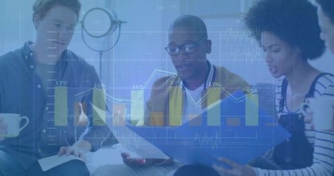 Business Team Analyzing Documents with Analytical Overlay