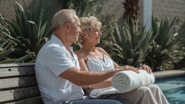Senior couple relaxing on poolside bench holding towel, sunlit patio companionship