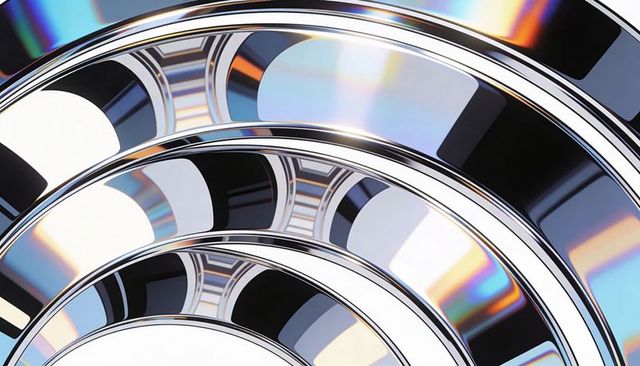Chrome concentric rings creating iridescent prism reflections and polished metal arches design