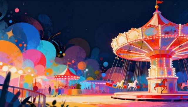 Glowing Neon Carousel Illuminating Night Carnival with Colorful Swing Ride