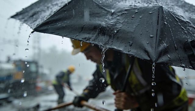 Construction crew working in heavy rain holding umbrella shielding hardhat worker