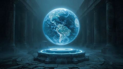Futuristic holographic earth display in ancient ruins