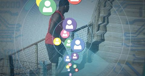 Athlete training outdoors amid digital social media elements