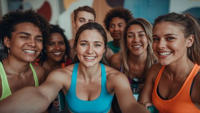Diverse group smiling for gym workout selfie showcasing fitness enthusiasm