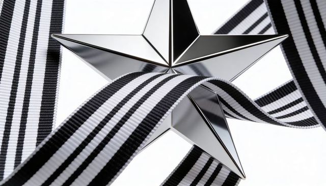 Reflecting chrome star ornament with flowing black and white striped ribbon