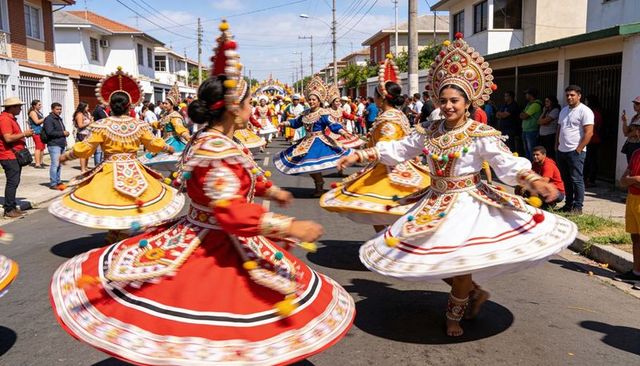 Hispanic folkloric dancers spinning in colorful beaded costumes during street parade