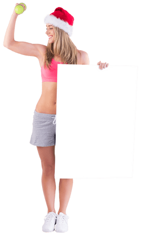 Smiling Woman with Santa Hat Holding Dumbbell on Transparent Background