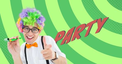 Caucasian Man in Colorful Wig and Party Clothes Pointing with Enthusiasm