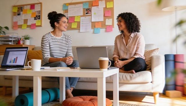 Two women collaborating over laptops in sunlit home coworking space with planning board