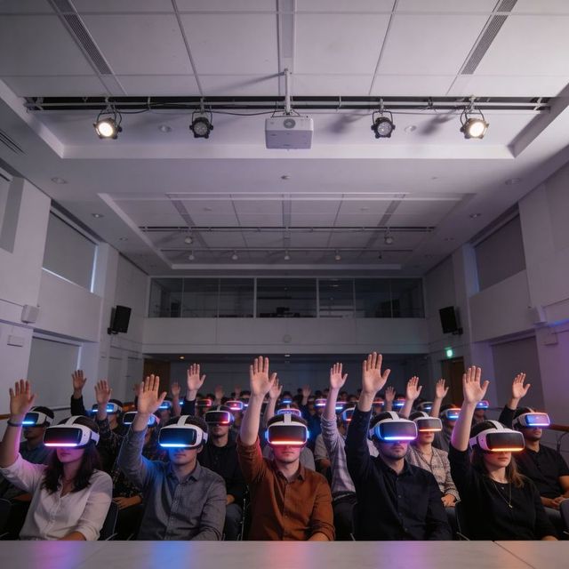 Audience wearing vr headsets raising hands in lecture hall during immersive demo