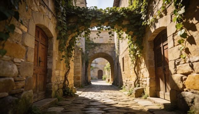 Sunlit ivy-covered stone archway leading cobblestone alley in historic european village