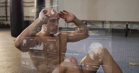 Athlete performing abdominal crunches with futuristic hud showing performance data