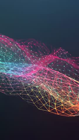 Undulating 3D wireframe mesh flowing across neon gradient vertical tech visualization