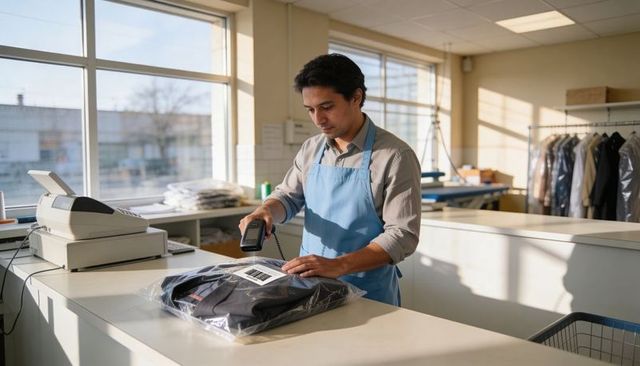 Dry cleaner scanning barcode on packaged garment at sunlit counter