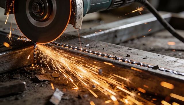 Angle grinder cutting welded seam on steel bars, bright sparks flying in metal workshop