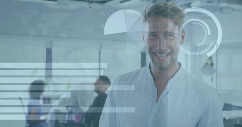 Digital financial data overlay on businessman in modern office