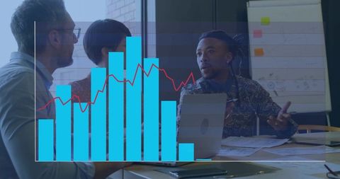Team discussing business data with laptop and flipchart, bar chart overlay visualizing trends