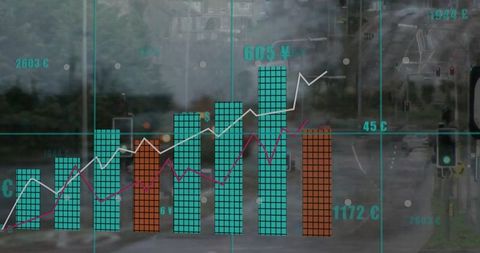 Financial data visualization over cityscape with bar graphs and charts