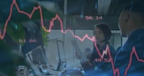 Team Analyzing Market Trends with Financial Data Overlay