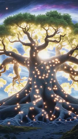 Orbs Appearing on Ancient Tree Trunk, Climbing Branches, Pulsing Light, Vertical Fantasy Clip