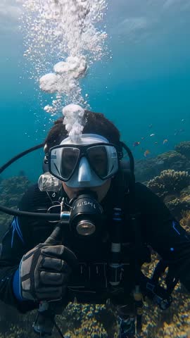 Scuba diver inhaling from regulator sending bubbles over vibrant coral reef vertical underwater vide