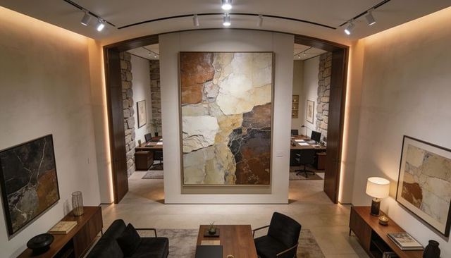 Minimalist gallery lounge featuring oversized earth-tone abstract painting and wood accents