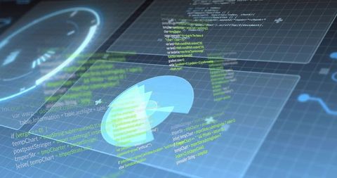 Holographic petal pie-chart floating over digital grid with code overlay and dashboard ui