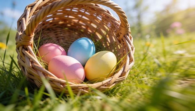 Sunlit spring basket spilling pastel easter eggs on green meadow, close-up