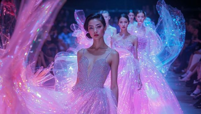Elegance on the runway fashion models in beaded pink tulle gowns