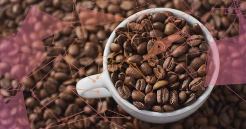 White Ceramic Mug Overflowing with Roasted Coffee Beans, Digital Network Overlay