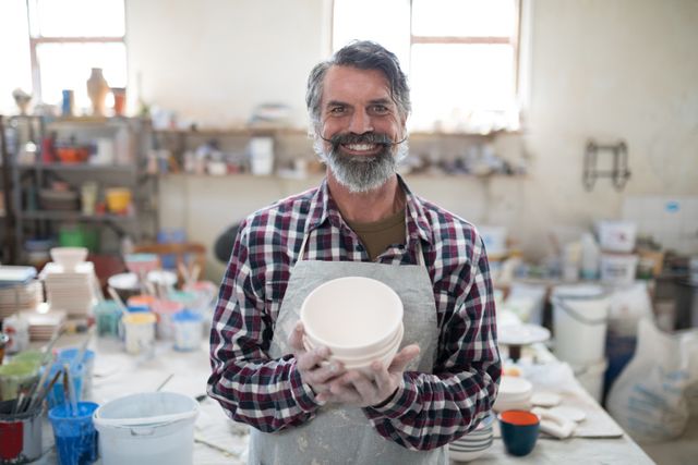 Male potter proudly displaying a handmade ceramic bowl in a pottery workshop. Ideal for use in articles or advertisements related to craftsmanship, pottery classes, artisan products, creative hobbies, and small business promotions.