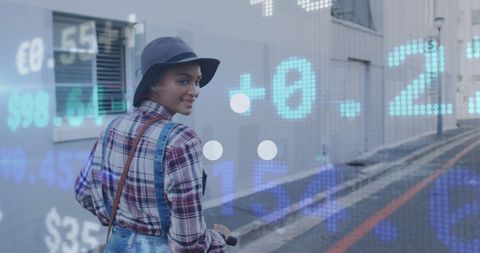 Cheerful Woman on Electric Scooter with Futuristic Overlay