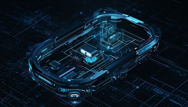 Floating neon circuit platform showcasing holographic ai module and glowing nodes