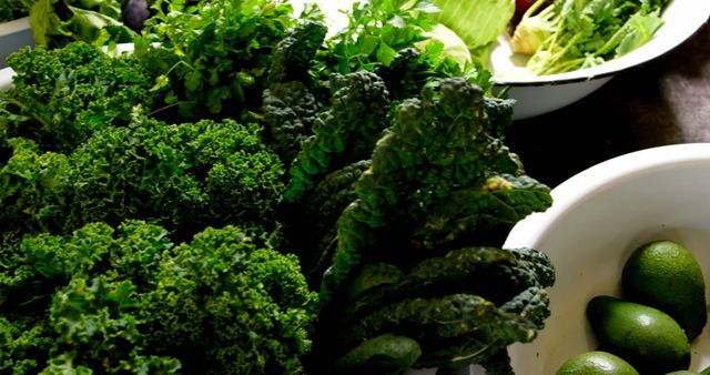 Fresh green vegetables are arranged attractively with visibility of kale, parsley, lettuce, and avocados in a kitchen setting. Perfect for use in content about healthy eating, organic farming, and plant-based recipes. Highlight nutrition and wellness tips, food preparation, and grocery shopping themes.