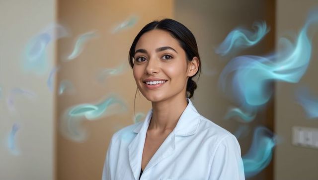 Smiling female clinician wearing lab coat standing in clinic with blue medical overlay