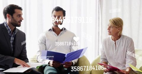 Diverse Team Discussing Documents with Data Overlays in Sunlit Corporate Meeting Room