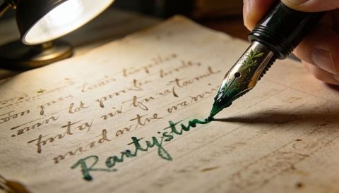Vintage fountain pen writing green calligraphy on aged lined paper macro close-up